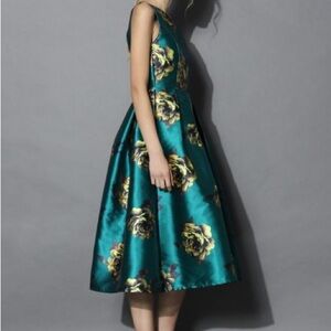 Vintage Elegant Tea A-line tea length Floral Dress - Teal & Yellow - size small